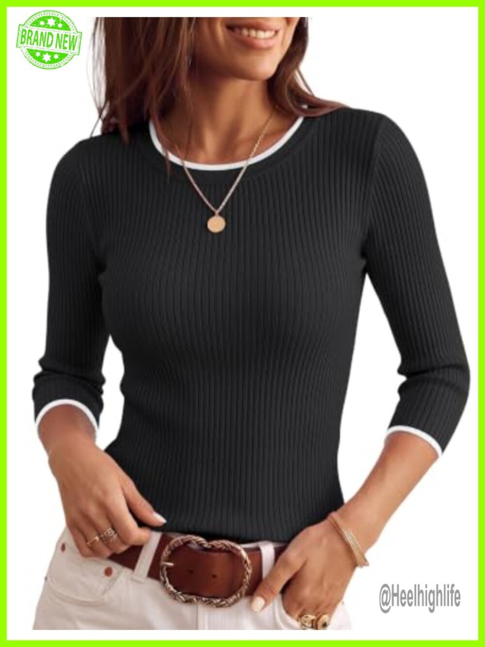 Womens 3/4 Sleeve Sweater Pullover Slim Fit Lightweight Knit Striped Top